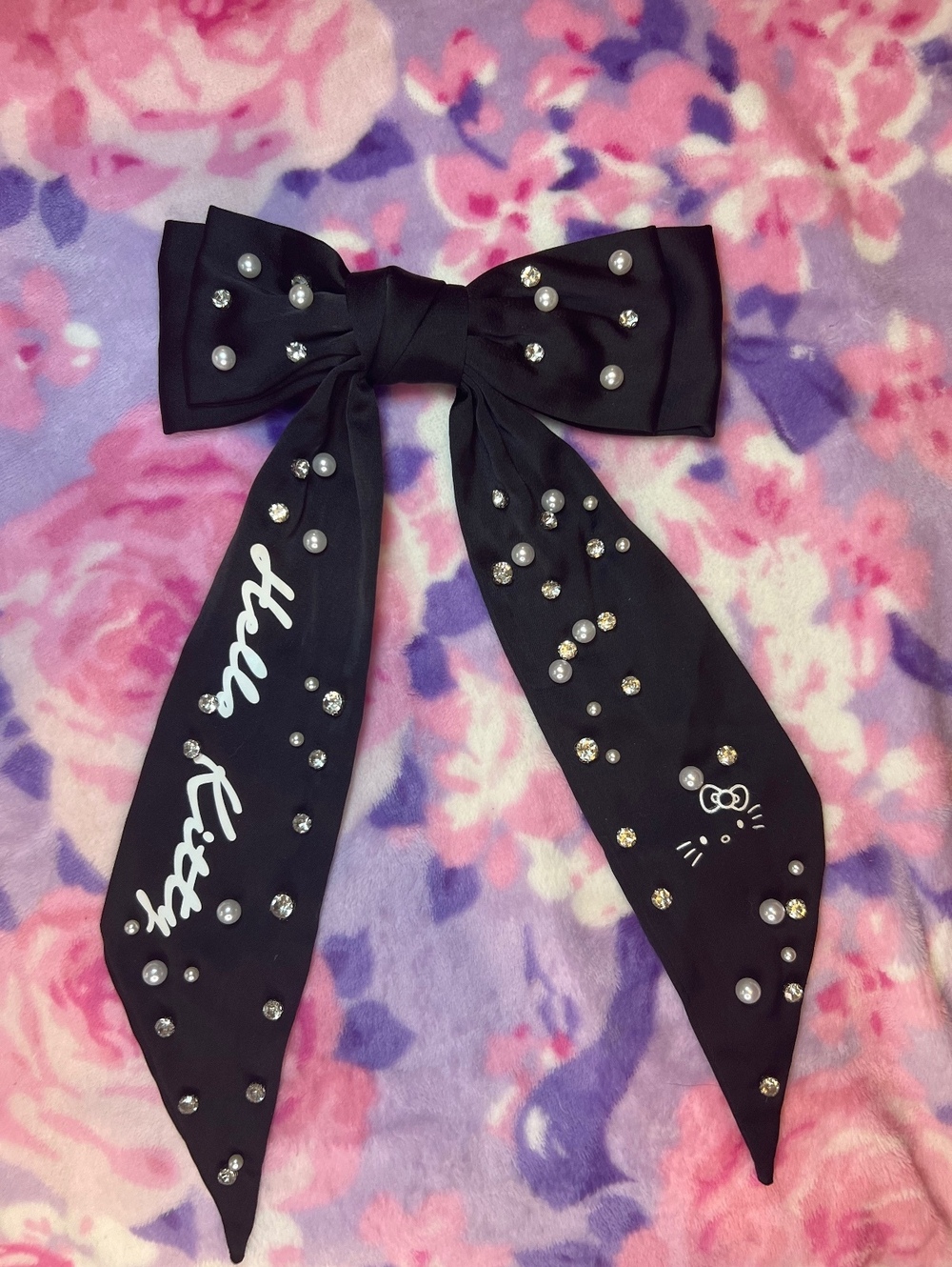Hello Kitty Black Faux Pearl Rhinestone Bow Hair Barrette